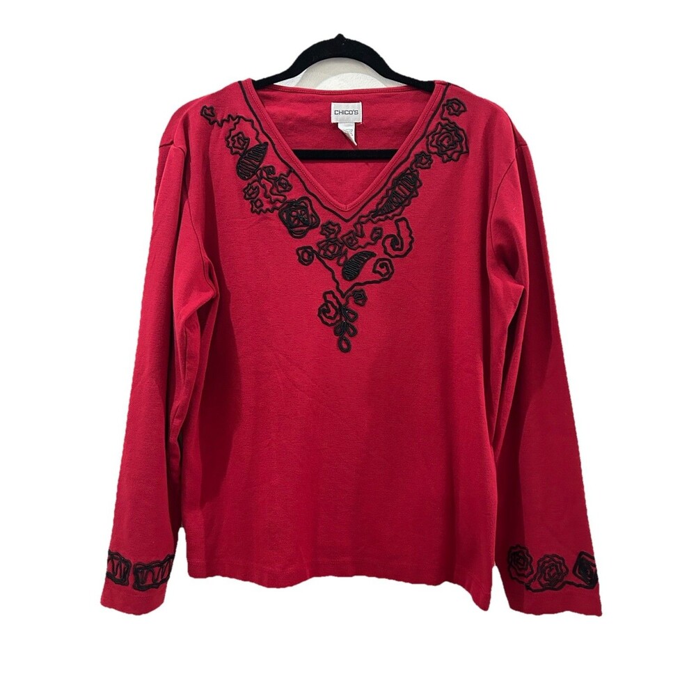 Chico Sz 3 Women XL Top 3/4 Sleeves V Neck Red Black Embroidery 100% Cotton